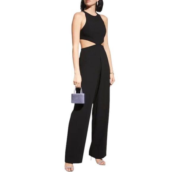 Alice Olivia Cara Jumpsuit 0 Black Cutout Crepe Pleated Sleeveless Wide Leg Fall - Picture 1 of 16
